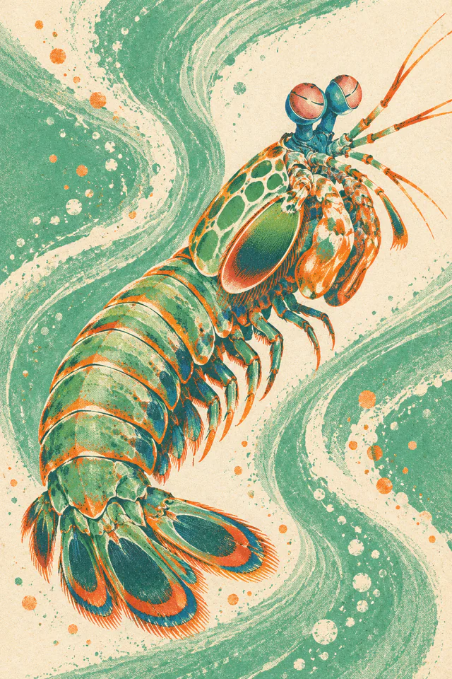 A mint-and-orange mantis shrimp curves upward between flowing current ribbons in a grainy risograph-style print.