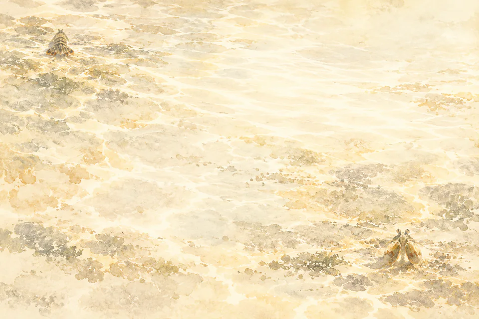 Two tiny mantis shrimp forms sit far apart in pale gold and gray water: a frontal face at the lower right and a rear view at the upper left.