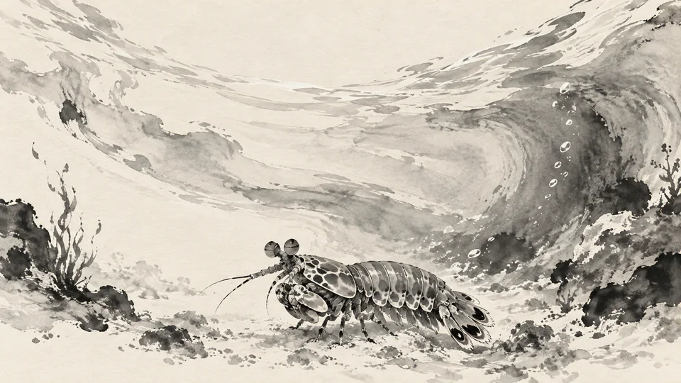 A small mantis shrimp rests near the lower center beneath a sweeping gray ink current on ivory paper.