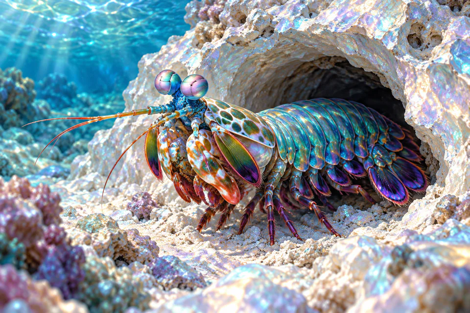 An iridescent teal and violet peacock mantis shrimp emerges from a pearly limestone burrow beneath clear, sunlit water.