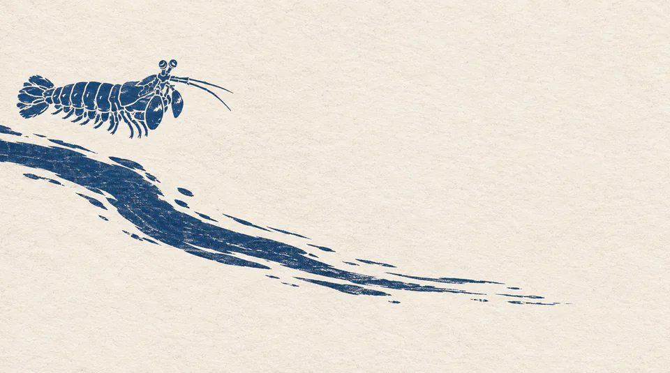 A small deep-blue mantis shrimp profile sits high at the left above one long carved current mark on warm-white paper.