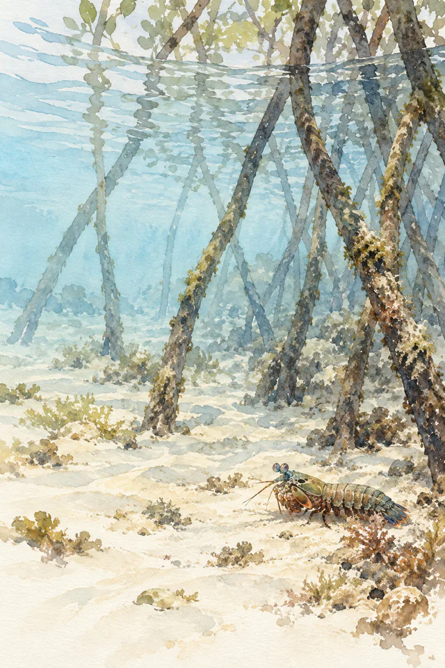 A small mantis shrimp rests on pale sand beneath submerged mangrove roots in a softly washed watercolor.