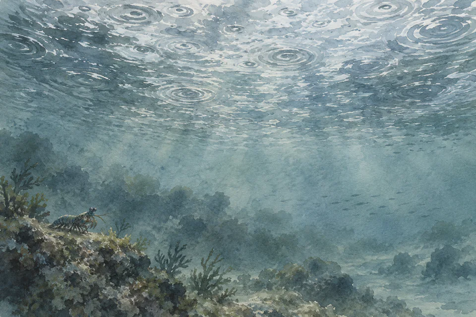 A small mantis shrimp rests on a lower-left reef ledge beneath a rain-rippled surface in a cool blue watercolor seascape.