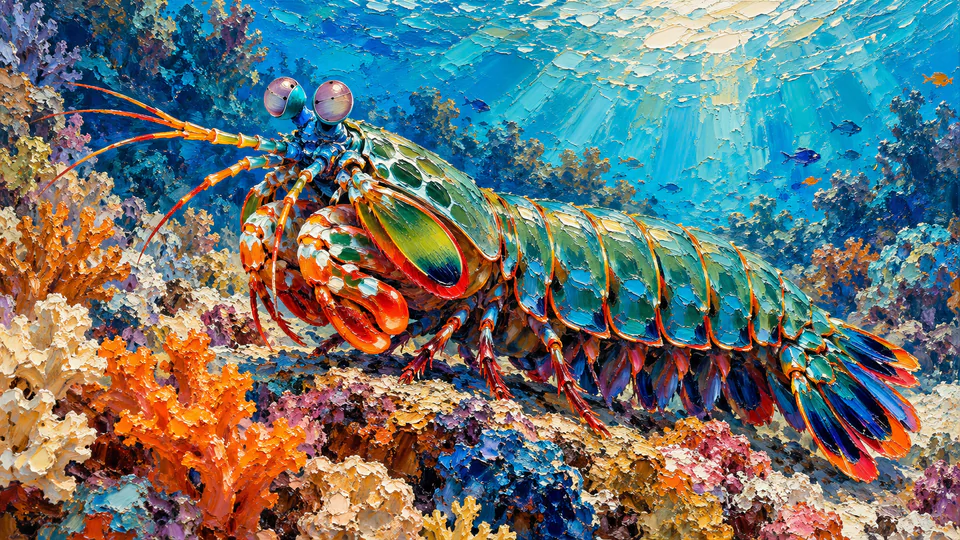 A turquoise mantis shrimp rests above orange coral in a thickly textured impasto oil-style reef painting.