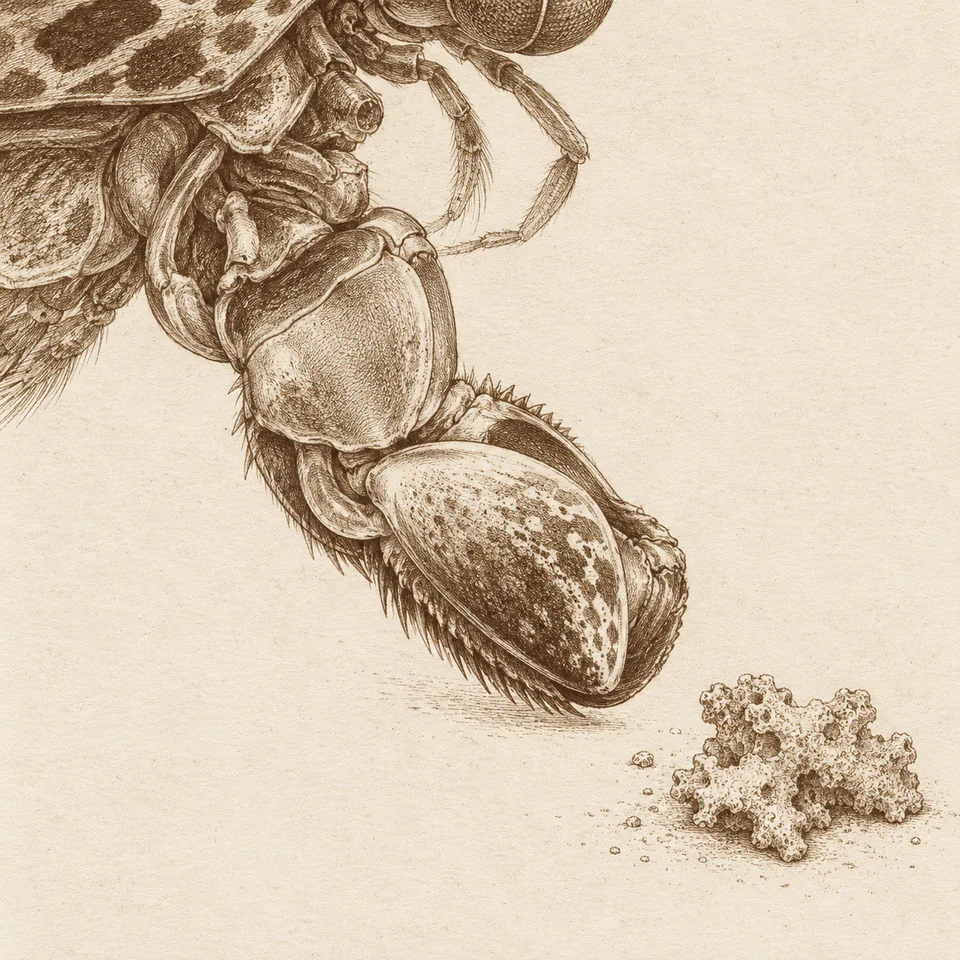 A close-cropped folded mantis shrimp club points toward a small coral fragment in a warm-brown etching-style drawing.