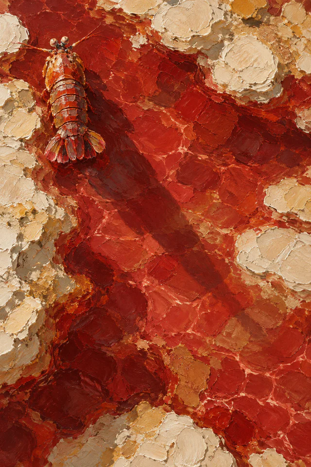 A small red mantis shrimp seen from above casts a diagonal shadow across a scarlet pool edged with pale rock.