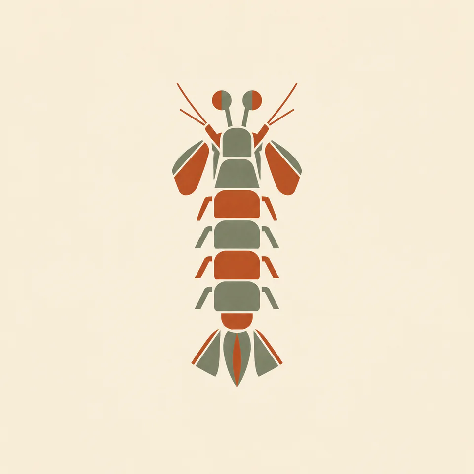 A vertical mantis shrimp motif made of rust and sage geometric shapes on a warm cream background.