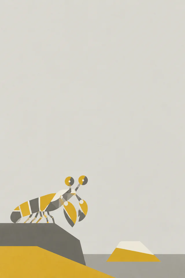 A small mustard-and-gray geometric mantis shrimp motif stands on angular sea shapes beneath a large empty pale field.