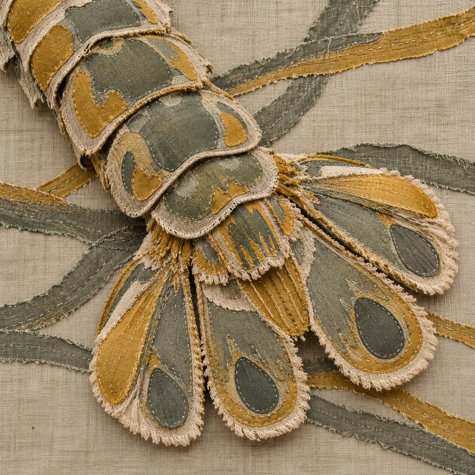 Sage and mustard cloth patches form a cropped segmented tail and broad fan over crossing strips on natural linen.