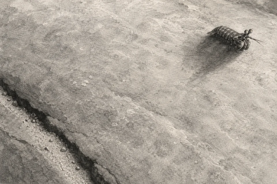 A small mantis shrimp casts a long soft shadow across a pale stone slab in a charcoal-style drawing.