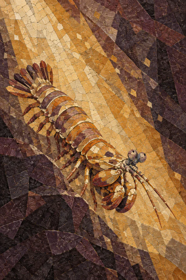 A mantis shrimp assembled from amber, bone and plum stone pieces descends diagonally through a golden mosaic band of light.