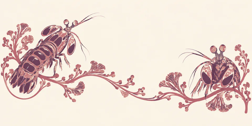 A dorsal mantis shrimp motif and a frontal companion sit at opposite ends of an open plum-and-rose coral garland on ivory.