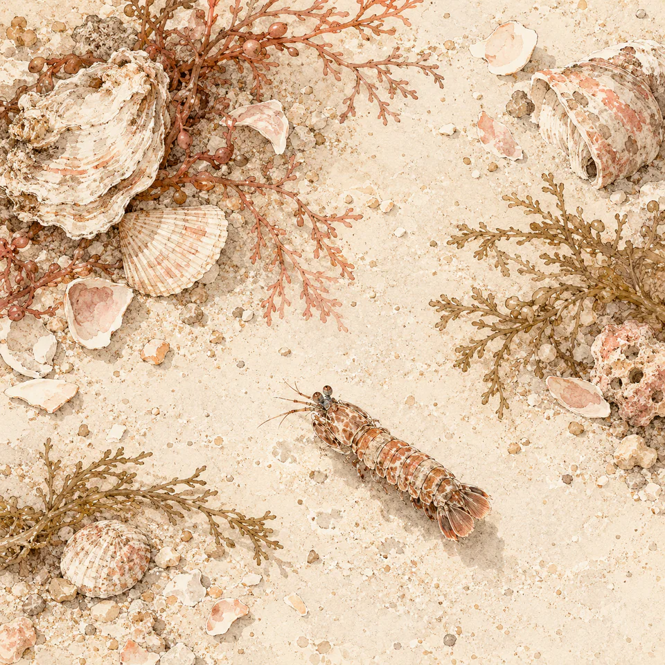 A coral-and-umber mantis shrimp crosses pale sand between unequal shell fragments and fine branching algae in an overhead illustration.