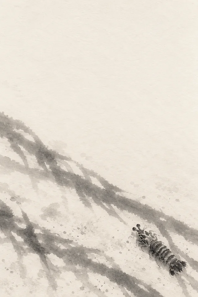 A small mantis shrimp seen from above crosses soft diagonal plant shadows near the bottom of an ivory ink-wash page.
