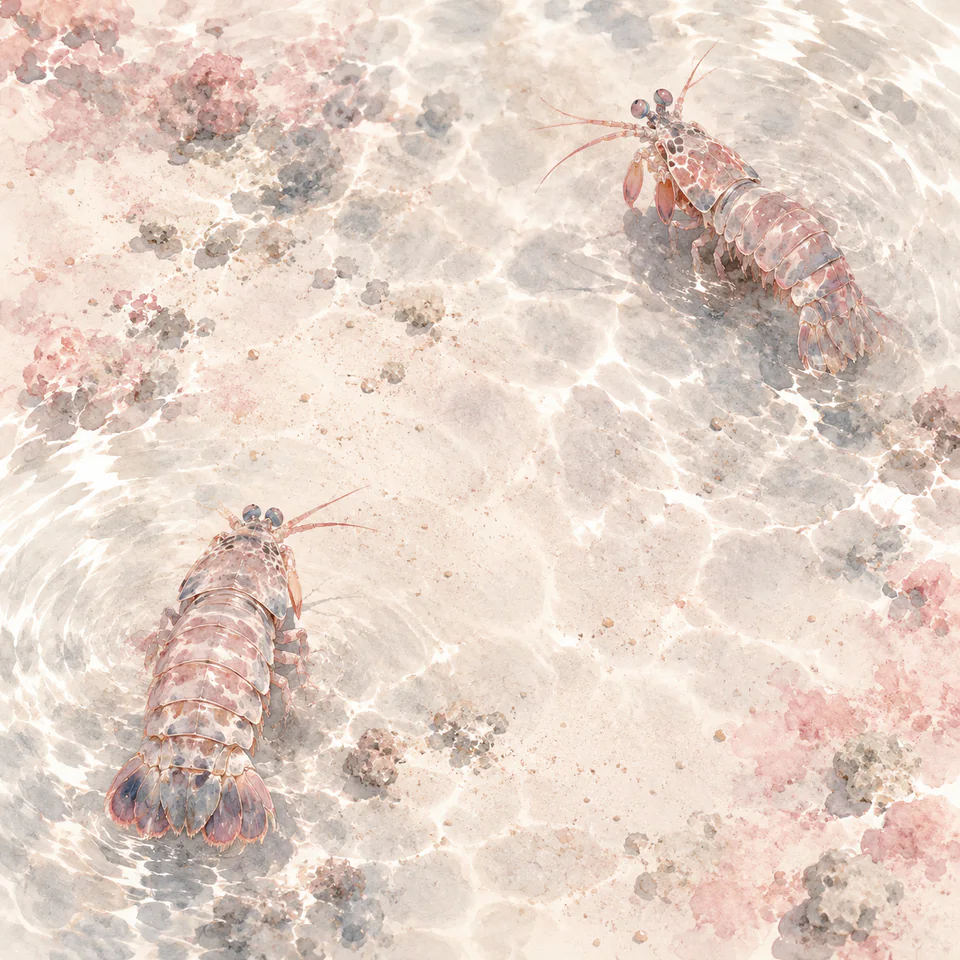 Two pale rose mantis shrimp occupy opposite corners of a reflective shallow pool, one seen from behind and one gently turning.