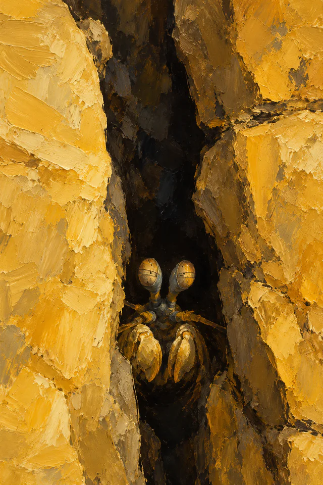 A mantis shrimp face peers from a tall dark cleft between thick ochre rock shapes.
