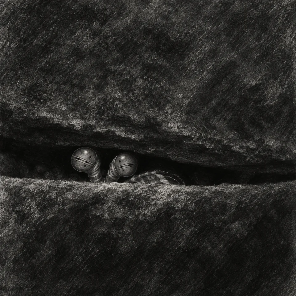 Two small stalked eyes and a curved club edge peek from a narrow slit between dark charcoal rock planes.