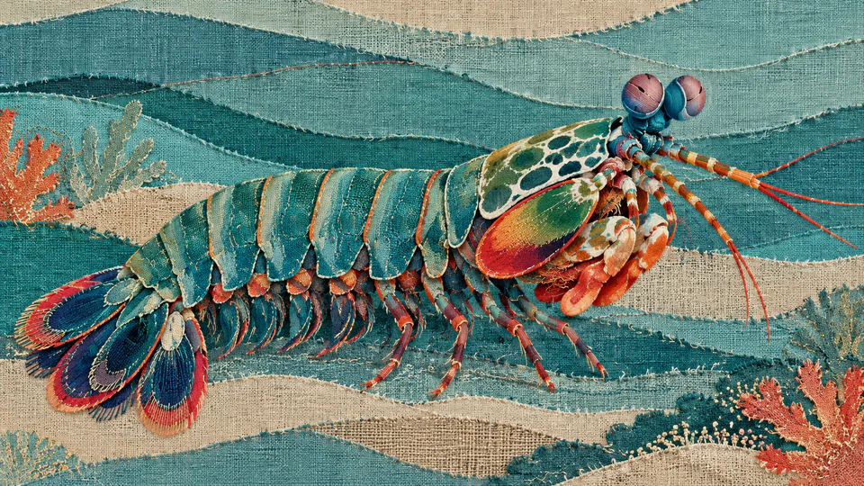 A teal and coral peacock mantis shrimp made of layered woven fabrics crosses linen bands of shallow water.
