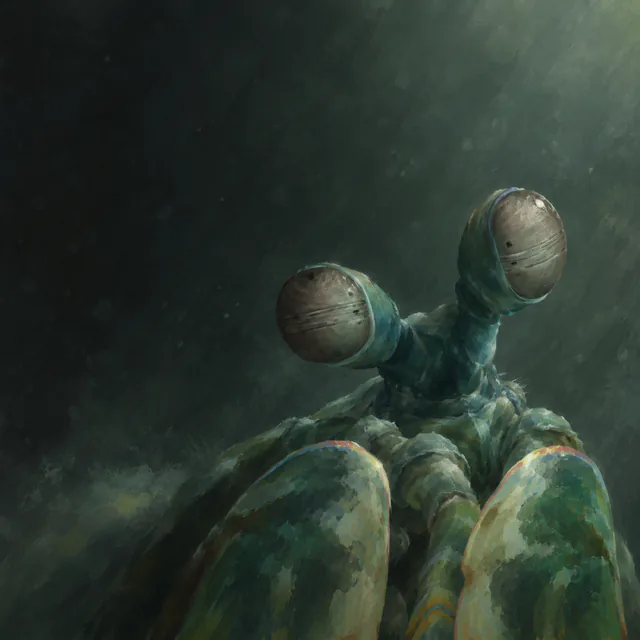 A softly painted emerald mantis shrimp face with unevenly raised eyes and cropped folded clubs emerges from charcoal-green water.