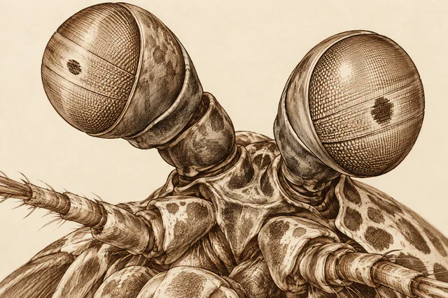 A close sepia pen-and-ink study of two mantis shrimp eye stalks and the patterned front shell.