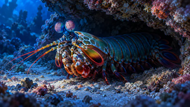 A peacock mantis shrimp with bright stalked eyes peers from a rocky burrow, its segmented body receding into deep blue shadow.