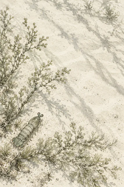 An overhead ink study of a small mantis shrimp between pale sage algae branches, with long gray plant shadows on warm white sand.