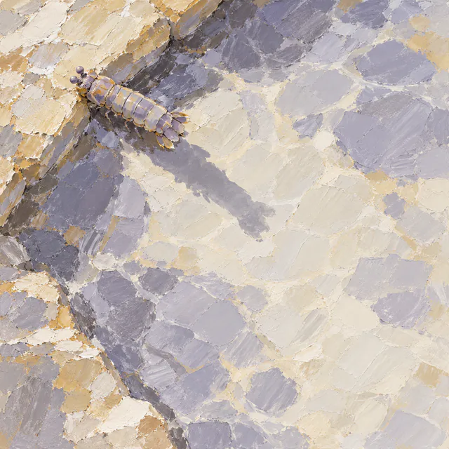 A small lilac-and-ochre mantis shrimp near an angular pool edge casts a long shadow across broad pale palette-knife planes.