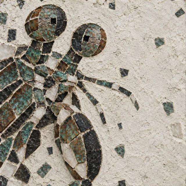 A mosaic-style mantis shrimp head with two uneven eye stalks and one closed oval club fills the left of a pale grout field.