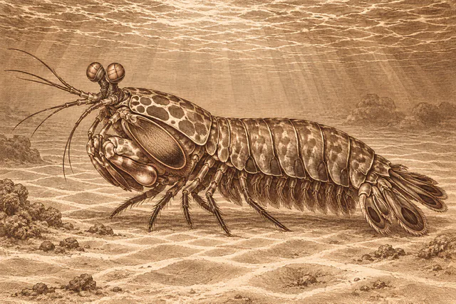 A side-view mantis shrimp stands on rippled sand in a warm brown copperplate-etching-style underwater scene.