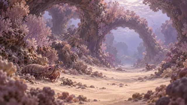 Two mantis shrimp occupy a sandy passage beneath towering lavender coral arches, one near the left and one farther away.