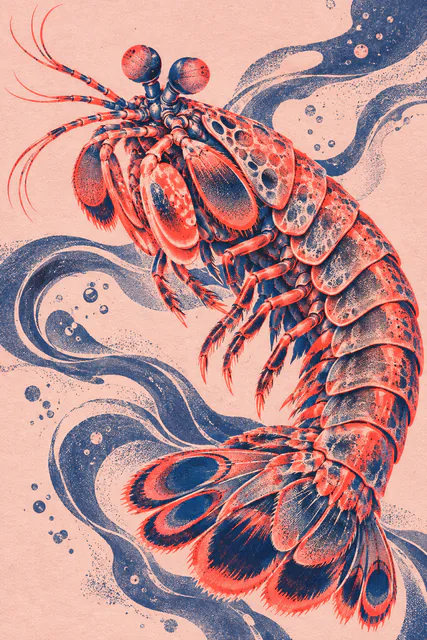 A graphic peacock mantis shrimp in coral pink and indigo Risograph ink.