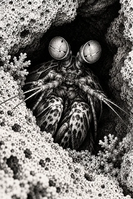 Two stalked mantis shrimp eyes and folded forelimbs emerge frontally from a dark limestone crevice in a black-and-white ink drawing.