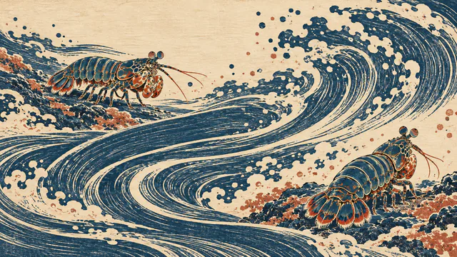 Two small mantis shrimp in different poses flank broad indigo currents in a rust-and-cream woodblock-style print.