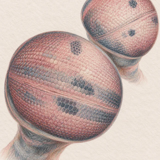 Two pink and slate compound eyes fill a close-cropped colored-pencil study, with the nearer eye at lower left and the farther eye cut by the top edge.