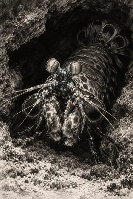 A front-facing mantis shrimp emerges from a dark rock burrow in a charcoal drawing, with pale eye and club highlights.