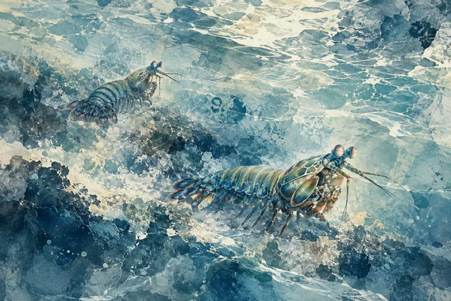 Two mantis shrimp of different sizes emerge from broad slate-blue and aqua water textures in a monotype-style print.