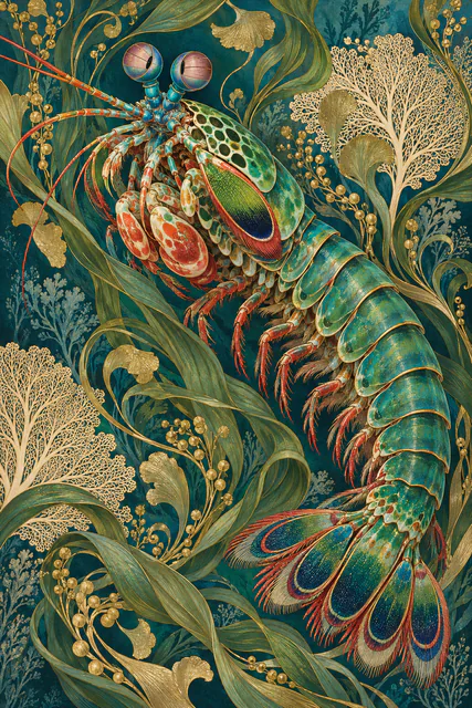 A peacock mantis shrimp surrounded by flowing golden seaweed in an Art Nouveau illustration.
