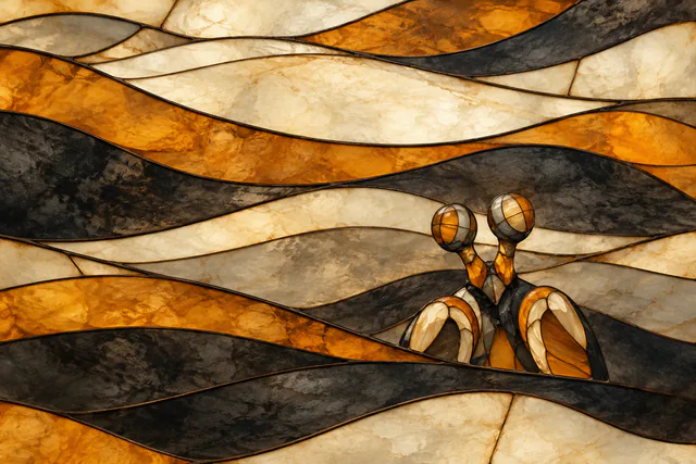 A frontal mantis shrimp head and folded forelimbs rise between smoky amber, milk-white and charcoal stained-glass tide bands.
