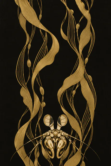 A small gold mantis shrimp head and folded clubs sit beneath tall flowing kelp ribbons on a warm-black Art Nouveau-style field.