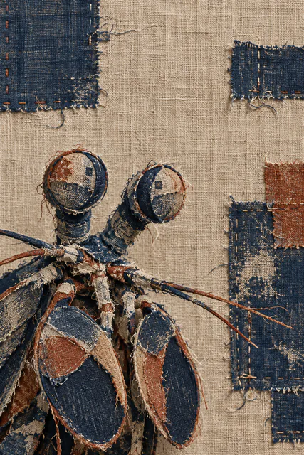 An indigo and rust fabric mantis shrimp face rises from natural linen, with two stalked eyes and cropped folded clubs.