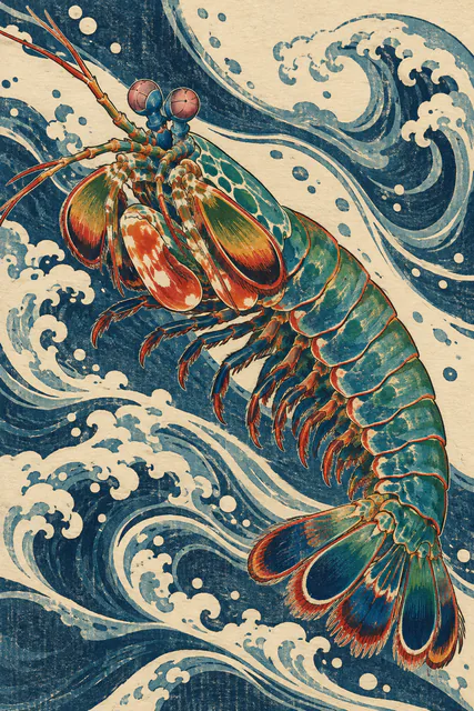 Woodblock-style peacock mantis shrimp surrounded by indigo waves on warm ivory paper.