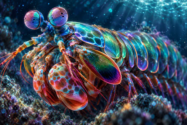 A luminous macro painting of a peacock mantis shrimp with iridescent cyan, violet and rose armor.