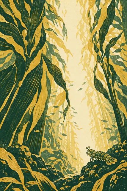 A small mantis shrimp stands at the lower right beneath towering green and yellow kelp in a woodblock-style print.