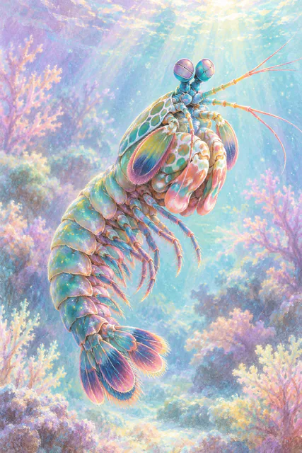Soft pastel peacock mantis shrimp drifting through a lavender and mint lagoon with delicate coral.