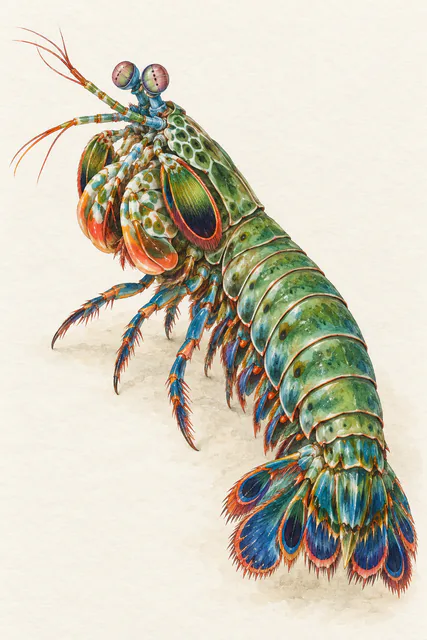 A natural-history-inspired watercolor study of a peacock mantis shrimp on warm ivory paper.
