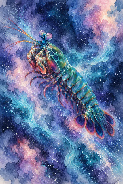 An iridescent mantis shrimp floats among indigo and lavender watercolor nebulae.