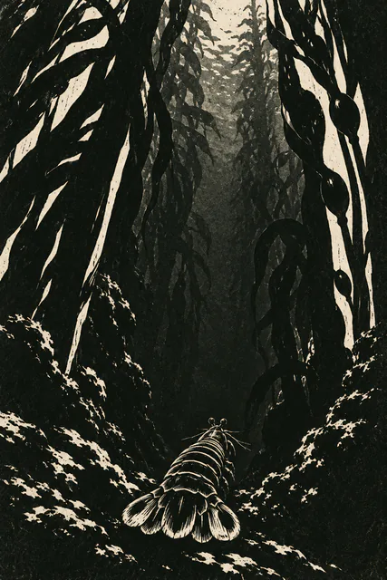 A rear-facing mantis shrimp recedes into a tall dark kelp passage, its tail and armor picked out in ivory linocut marks.