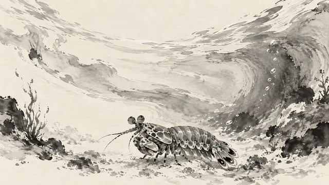 A small mantis shrimp rests near the lower center beneath a sweeping gray ink current on ivory paper.