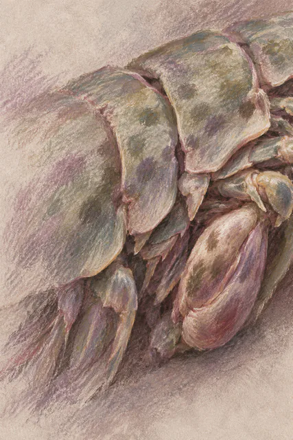 Dusty mauve and olive-gray pastel strokes describe cropped shell plates and a folded club form on cream paper.
