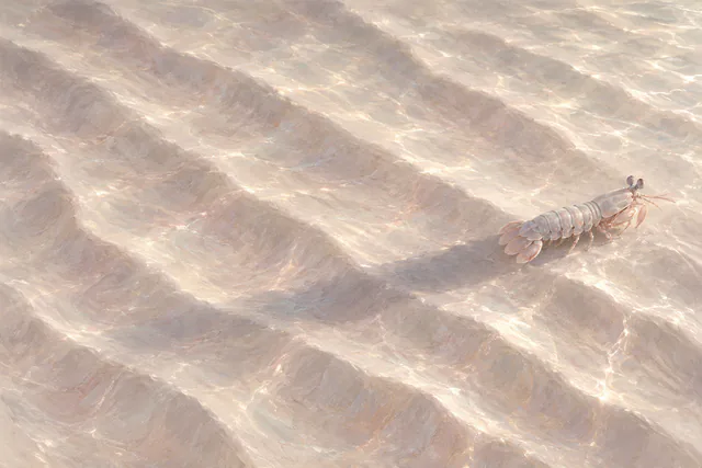 A pale pearl-and-rose mantis shrimp near the right edge casts a soft long shadow across rippled underwater sand.